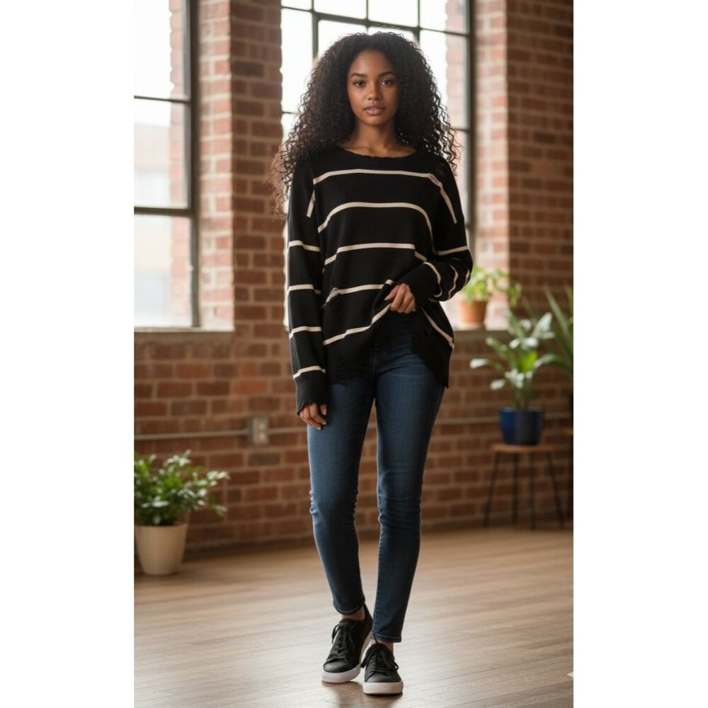 Pol Relaxed Fit Distressed Striped Sweater Women Size Small